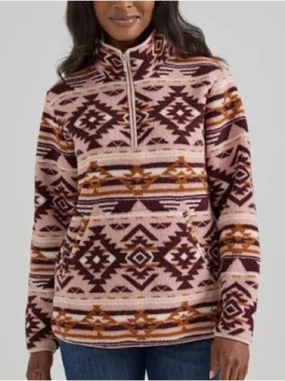 Wrangler Punchy Southwest Pink Brown Aztec Wubby Sherpa Quarter Zip Pullover L